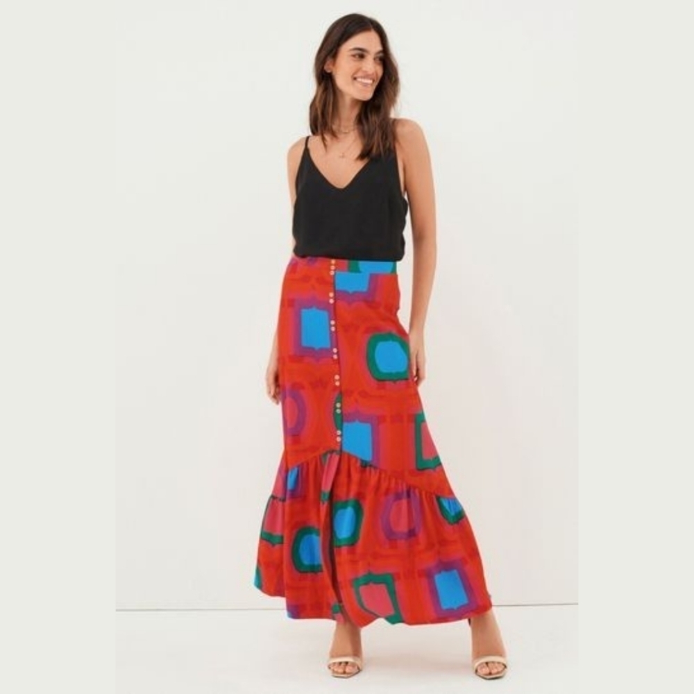 Next Red Mod Geometric Button Front Maxi Skirt Size Large Summer